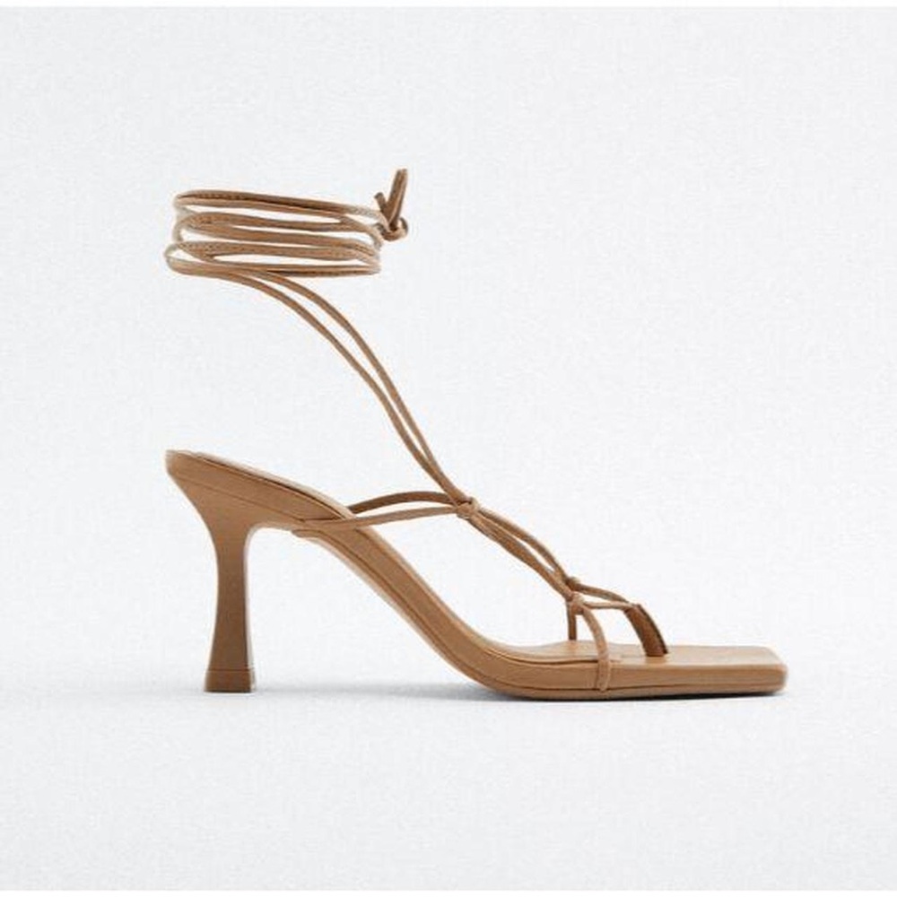 Zara Beige Lace-Up Square Toe Heels